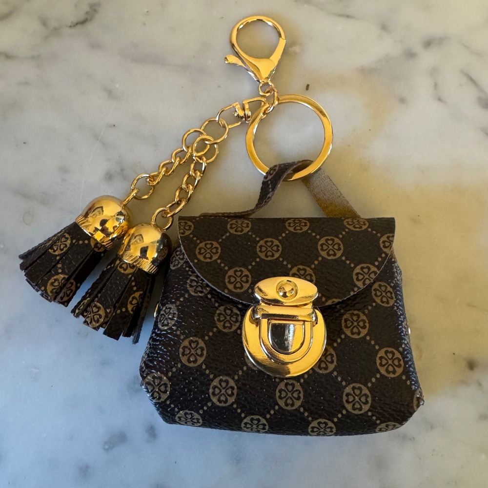 Brown Monogram Mini Satchel Bag Keychain Charm Gold Tassel Turn Lock Purse